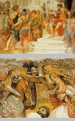 remo in catene di fronte al re amulio e la battaglia fra i romani ed i sabini